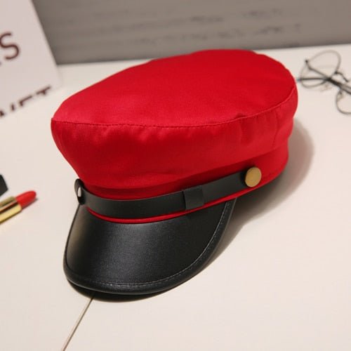 Fashion PU Leather Military Hat Autumn Winter Wool Sailor Hat For Women Men Black flat top Female travel cadet hat Captain Cap - Starttech Online Market