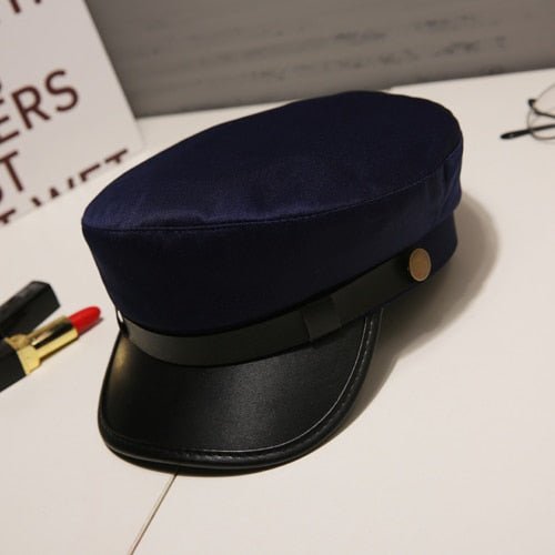 Fashion PU Leather Military Hat Autumn Winter Wool Sailor Hat For Women Men Black flat top Female travel cadet hat Captain Cap - Starttech Online Market