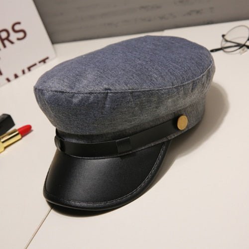 Fashion PU Leather Military Hat Autumn Winter Wool Sailor Hat For Women Men Black flat top Female travel cadet hat Captain Cap - Starttech Online Market