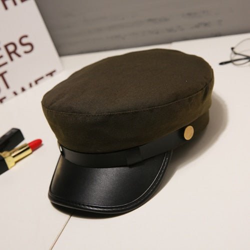 Fashion PU Leather Military Hat Autumn Winter Wool Sailor Hat For Women Men Black flat top Female travel cadet hat Captain Cap - Starttech Online Market