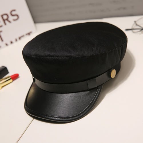 Fashion PU Leather Military Hat Autumn Winter Wool Sailor Hat For Women Men Black flat top Female travel cadet hat Captain Cap - Starttech Online Market