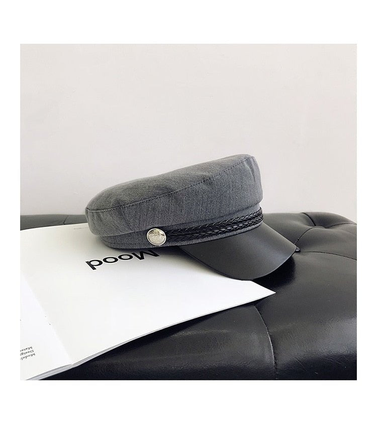 Fashion PU Leather Military Hat Autumn Winter Wool Sailor Hat For Women Men Black flat top Female travel cadet hat Captain Cap - Starttech Online Market