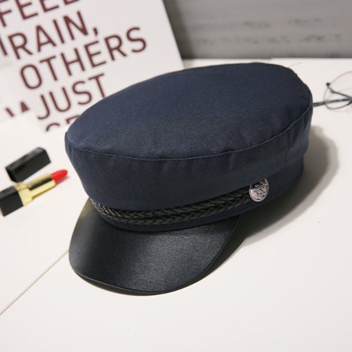 Fashion PU Leather Military Hat Autumn Winter Wool Sailor Hat For Women Men Black flat top Female travel cadet hat Captain Cap - Starttech Online Market