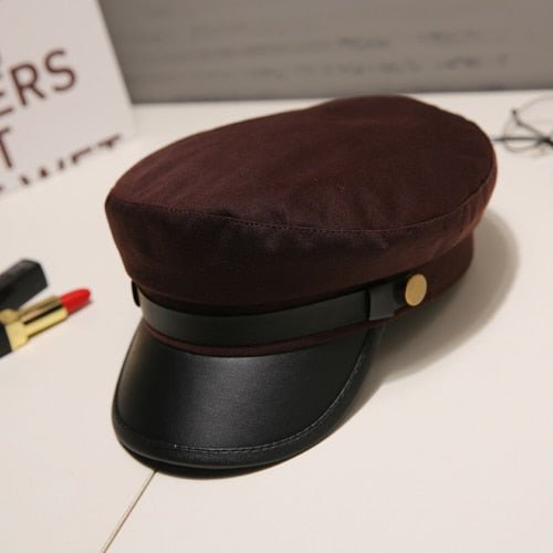 Fashion PU Leather Military Hat Autumn Winter Wool Sailor Hat For Women Men Black flat top Female travel cadet hat Captain Cap - Starttech Online Market