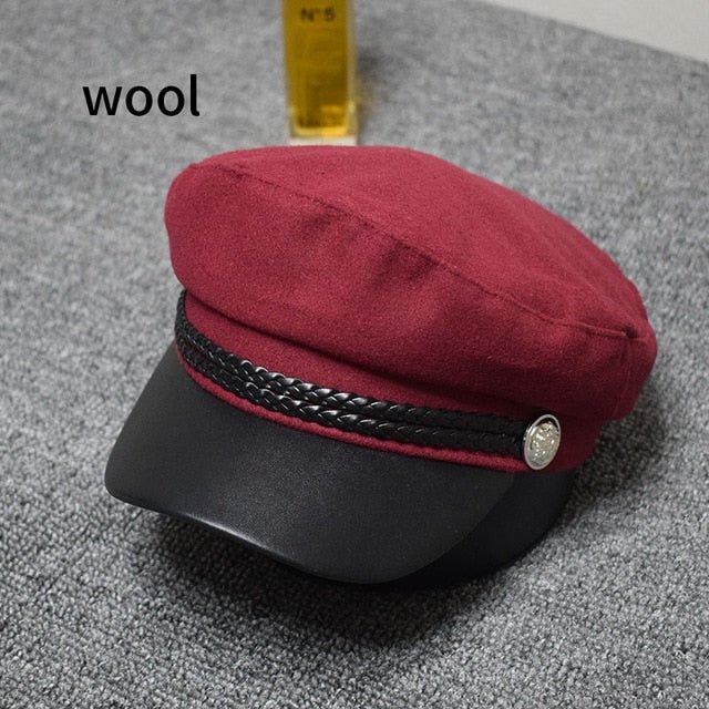 Fashion PU Leather Military Hat Autumn Winter Wool Sailor Hat For Women Men Black flat top Female travel cadet hat Captain Cap - Starttech Online Market