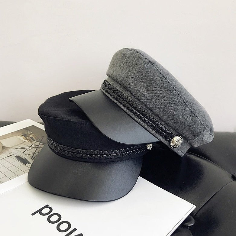 Fashion PU Leather Military Hat Autumn Winter Wool Sailor Hat For Women Men Black flat top Female travel cadet hat Captain Cap - Starttech Online Market