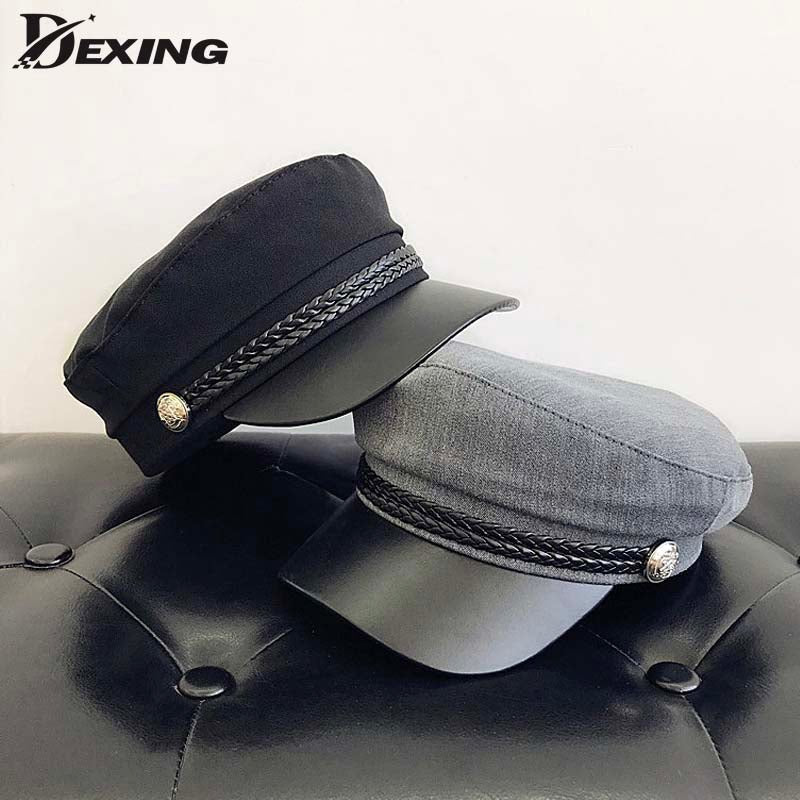 Fashion PU Leather Military Hat Autumn Winter Wool Sailor Hat For Women Men Black flat top Female travel cadet hat Captain Cap - Starttech Online Market