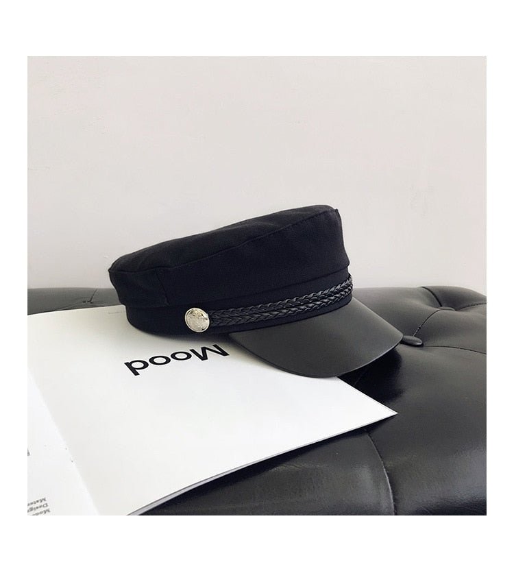 Fashion PU Leather Military Hat Autumn Winter Wool Sailor Hat For Women Men Black flat top Female travel cadet hat Captain Cap - Starttech Online Market