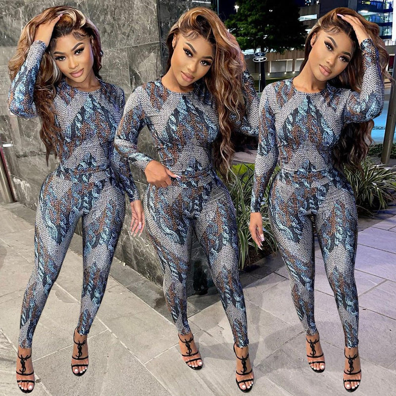 Fashion Skinny Print Long Sleeve Two Piece Set - Starttech Online Market