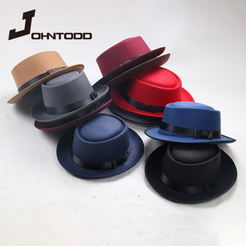 Faux Wool Unisex Flat Top Bowler Hat Concave Top Head Wearing Jazz Hat - Starttech Online Market