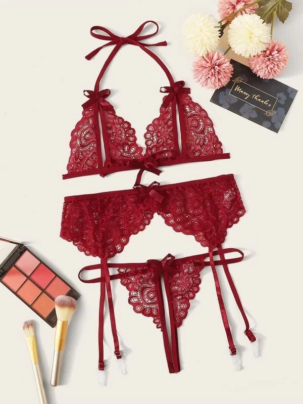 Lace Butterfly Bra Panty Garter Belt Bikini Three-piece Set - Starttech Online Market