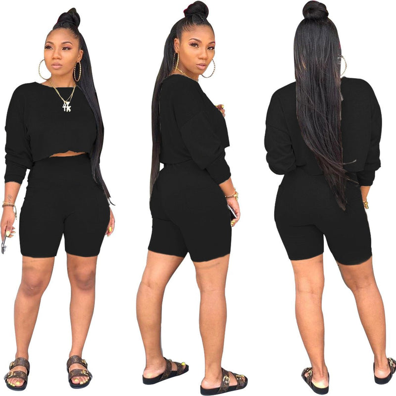 Ladies Fashion Round Neck Long Sleeve Sweatshirt Shorts Set Two Piece Set - Starttech Online Market