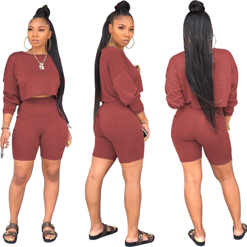 Ladies Fashion Round Neck Long Sleeve Sweatshirt Shorts Set Two Piece Set - Starttech Online Market