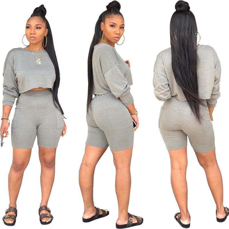 Ladies Fashion Round Neck Long Sleeve Sweatshirt Shorts Set Two Piece Set - Starttech Online Market