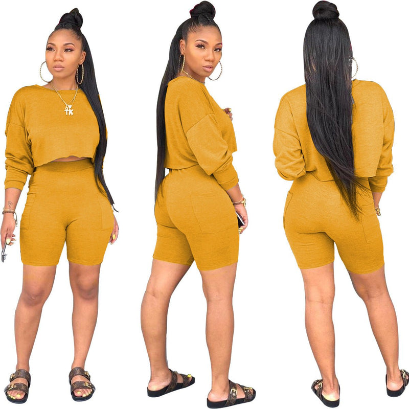 Ladies Fashion Round Neck Long Sleeve Sweatshirt Shorts Set Two Piece Set - Starttech Online Market