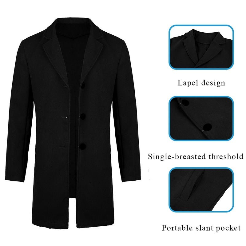 Men's High Quality Wool Coat Casual Slim Collar Long Cotton Trench Jacket - Starttech Online Market