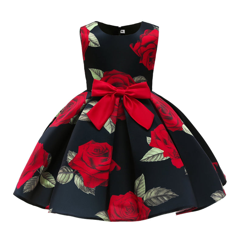 New Girls Christmas Rose Print Princess Dress - Starttech Online Market