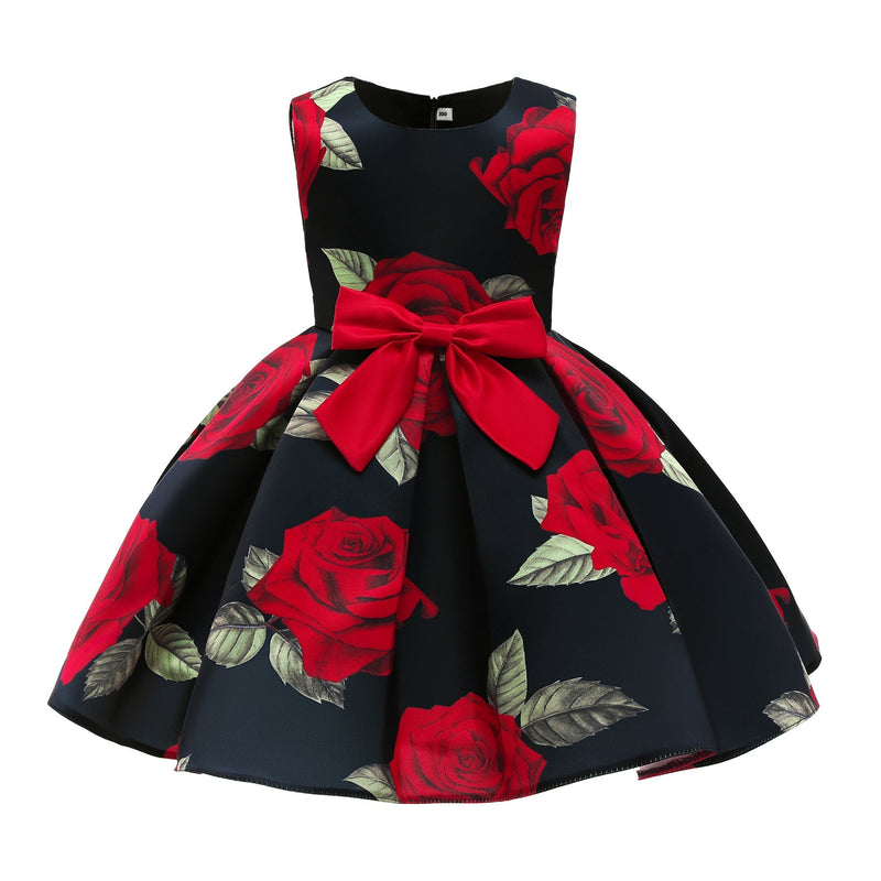 New Girls Christmas Rose Print Princess Dress - Starttech Online Market