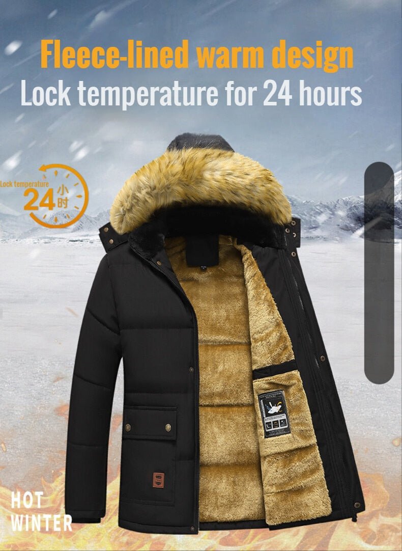 New Men Winter Parka Fleece Lined Thick Warm Hooded Fur Collar Coat - Starttech Online Market