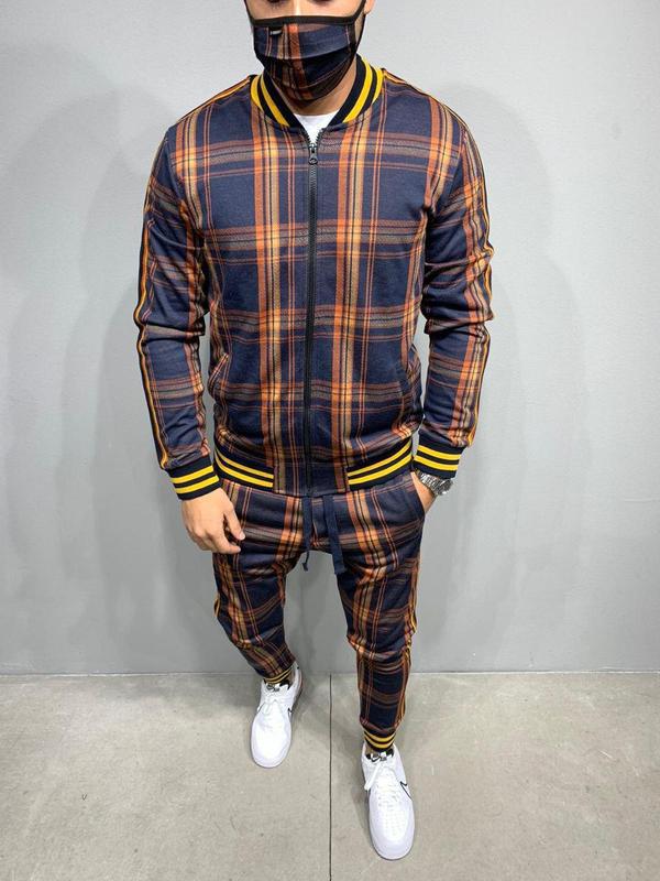 New Men's Leisure Suits Tracksuits Men Grid Two-piece Patchwork Zipper Tracksuits Small leg Trouser Sportswear 2021 New Man Sets - Starttech Online Market