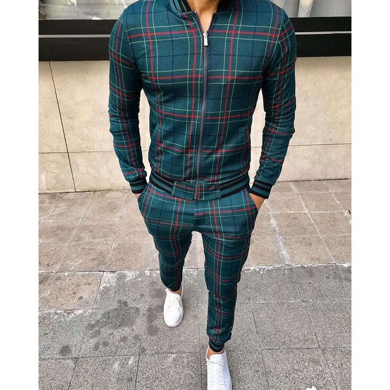 New Men's Leisure Suits Tracksuits Men Grid Two-piece Patchwork Zipper Tracksuits Small leg Trouser Sportswear 2021 New Man Sets - Starttech Online Market