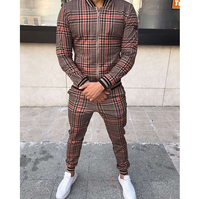 New Men's Leisure Suits Tracksuits Men Grid Two-piece Patchwork Zipper Tracksuits Small leg Trouser Sportswear 2021 New Man Sets - Starttech Online Market