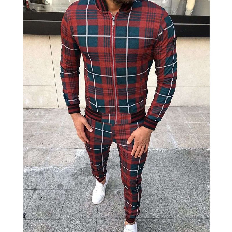 New Men's Leisure Suits Tracksuits Men Grid Two-piece Patchwork Zipper Tracksuits Small leg Trouser Sportswear 2021 New Man Sets - Starttech Online Market