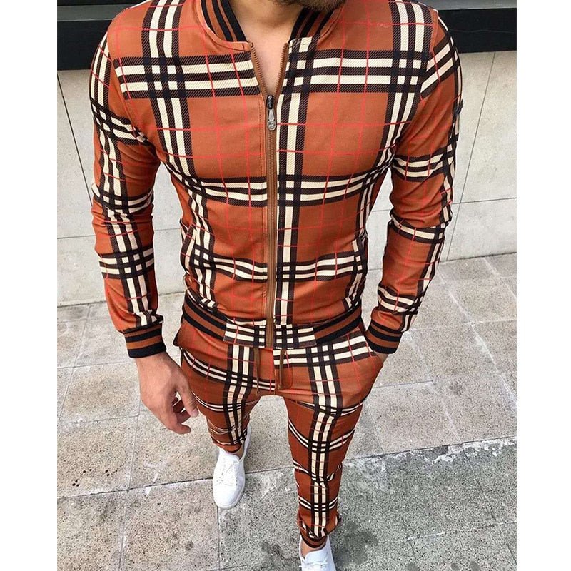 New Men's Leisure Suits Tracksuits Men Grid Two-piece Patchwork Zipper Tracksuits Small leg Trouser Sportswear 2021 New Man Sets - Starttech Online Market