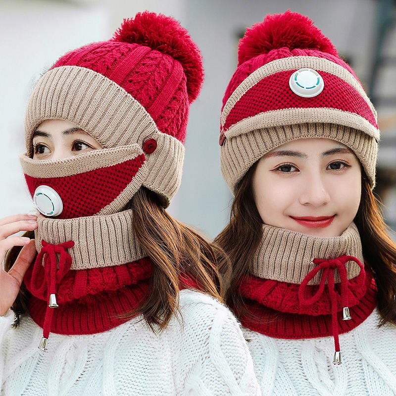 New Windproof Beanies Warm Knit Hats Scarf Sets Female Winter Padded Mask Neck Protector 3 Piece Sets Cycling Wool Hat - Starttech Online Market