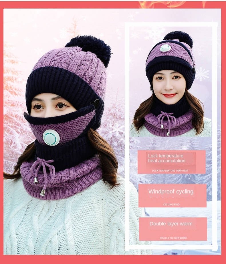 New Windproof Beanies Warm Knit Hats Scarf Sets Female Winter Padded Mask Neck Protector 3 Piece Sets Cycling Wool Hat - Starttech Online Market