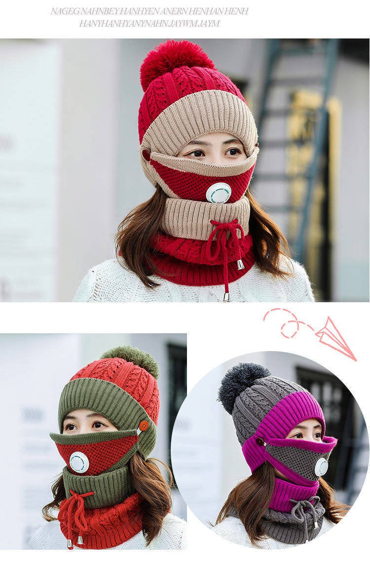 New Windproof Beanies Warm Knit Hats Scarf Sets Female Winter Padded Mask Neck Protector 3 Piece Sets Cycling Wool Hat - Starttech Online Market