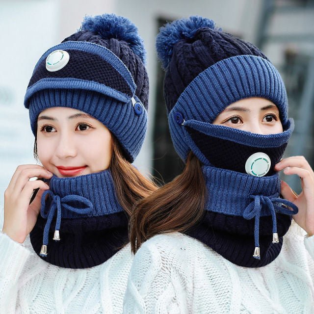 New Windproof Beanies Warm Knit Hats Scarf Sets Female Winter Padded Mask Neck Protector 3 Piece Sets Cycling Wool Hat - Starttech Online Market