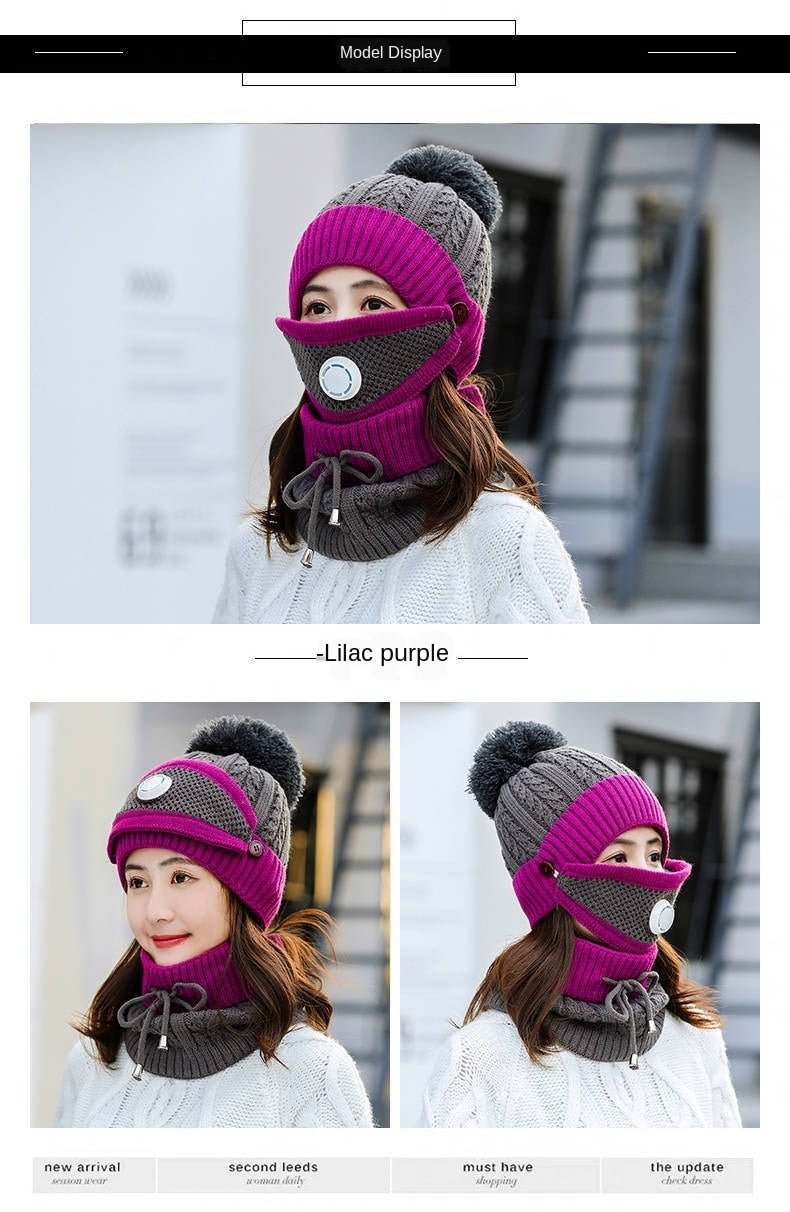 New Windproof Beanies Warm Knit Hats Scarf Sets Female Winter Padded Mask Neck Protector 3 Piece Sets Cycling Wool Hat - Starttech Online Market