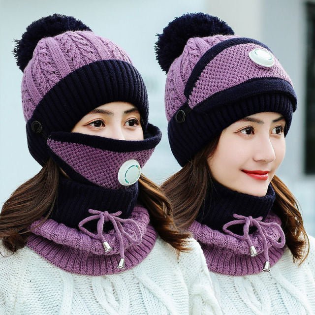 New Windproof Beanies Warm Knit Hats Scarf Sets Female Winter Padded Mask Neck Protector 3 Piece Sets Cycling Wool Hat - Starttech Online Market