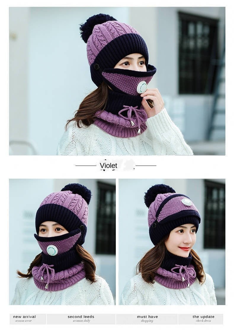 New Windproof Beanies Warm Knit Hats Scarf Sets Female Winter Padded Mask Neck Protector 3 Piece Sets Cycling Wool Hat - Starttech Online Market