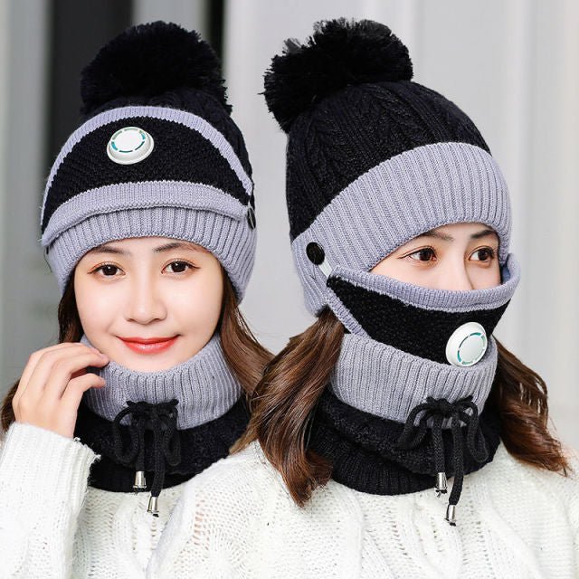 New Windproof Beanies Warm Knit Hats Scarf Sets Female Winter Padded Mask Neck Protector 3 Piece Sets Cycling Wool Hat - Starttech Online Market