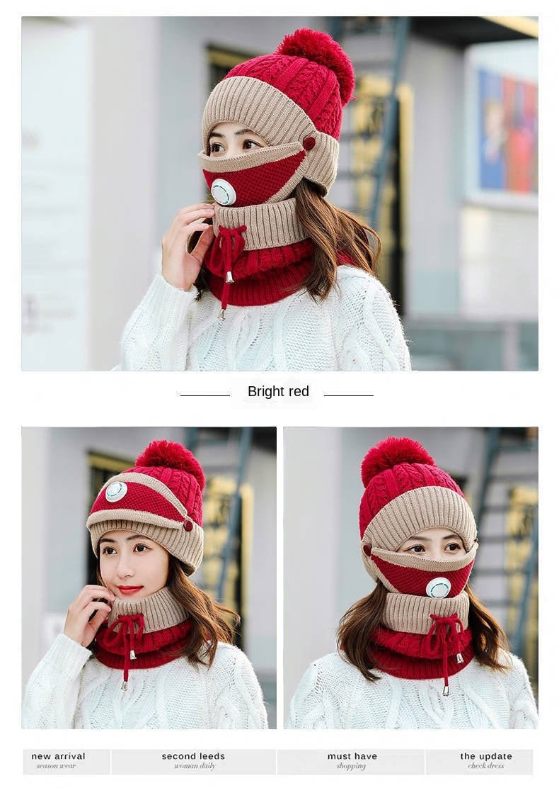 New Windproof Beanies Warm Knit Hats Scarf Sets Female Winter Padded Mask Neck Protector 3 Piece Sets Cycling Wool Hat - Starttech Online Market