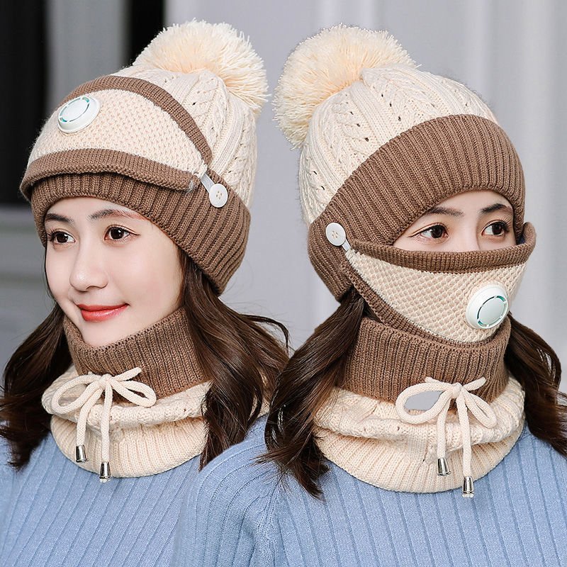 New Windproof Beanies Warm Knit Hats Scarf Sets Female Winter Padded Mask Neck Protector 3 Piece Sets Cycling Wool Hat - Starttech Online Market