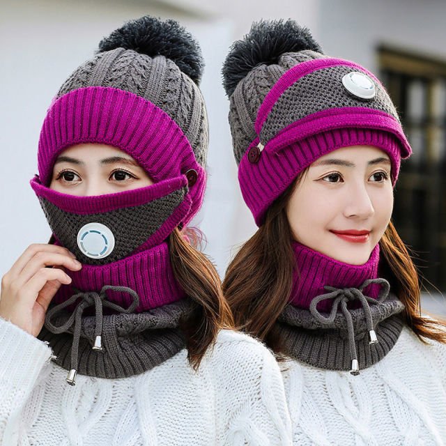 New Windproof Beanies Warm Knit Hats Scarf Sets Female Winter Padded Mask Neck Protector 3 Piece Sets Cycling Wool Hat - Starttech Online Market