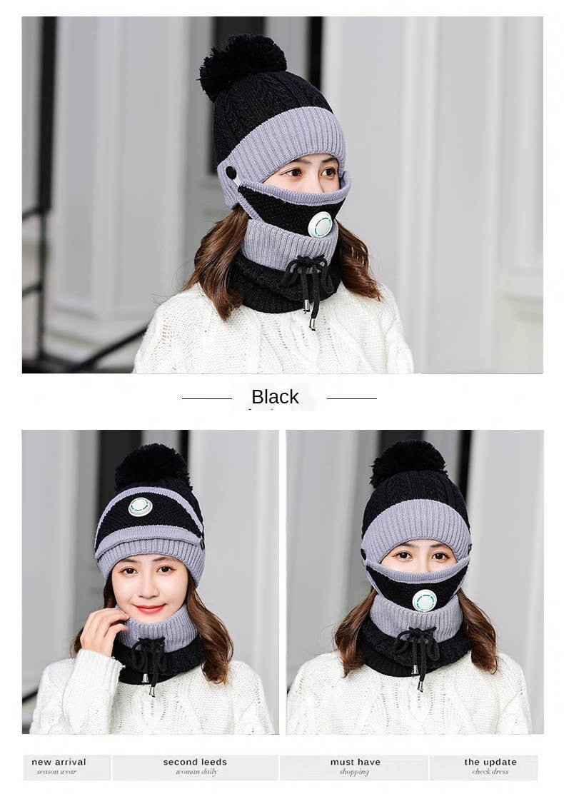 New Windproof Beanies Warm Knit Hats Scarf Sets Female Winter Padded Mask Neck Protector 3 Piece Sets Cycling Wool Hat - Starttech Online Market