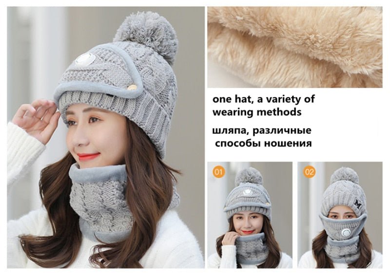 New Windproof Beanies Warm Knit Hats Scarf Sets Female Winter Padded Mask Neck Protector 3 Piece Sets Cycling Wool Hat - Starttech Online Market