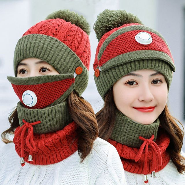 New Windproof Beanies Warm Knit Hats Scarf Sets Female Winter Padded Mask Neck Protector 3 Piece Sets Cycling Wool Hat - Starttech Online Market