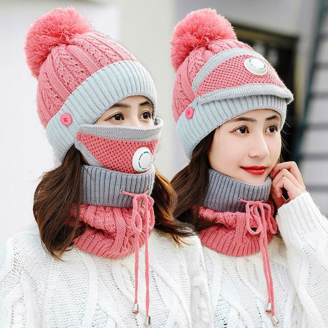 New Windproof Beanies Warm Knit Hats Scarf Sets Female Winter Padded Mask Neck Protector 3 Piece Sets Cycling Wool Hat - Starttech Online Market