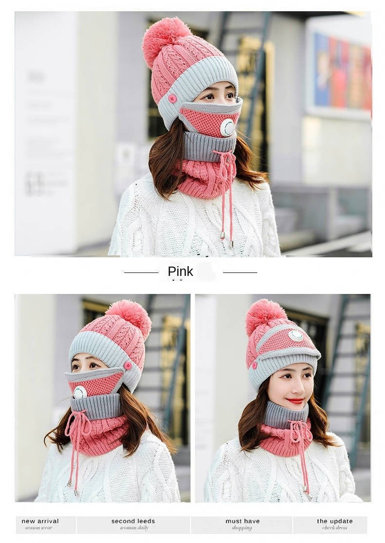 New Windproof Beanies Warm Knit Hats Scarf Sets Female Winter Padded Mask Neck Protector 3 Piece Sets Cycling Wool Hat - Starttech Online Market