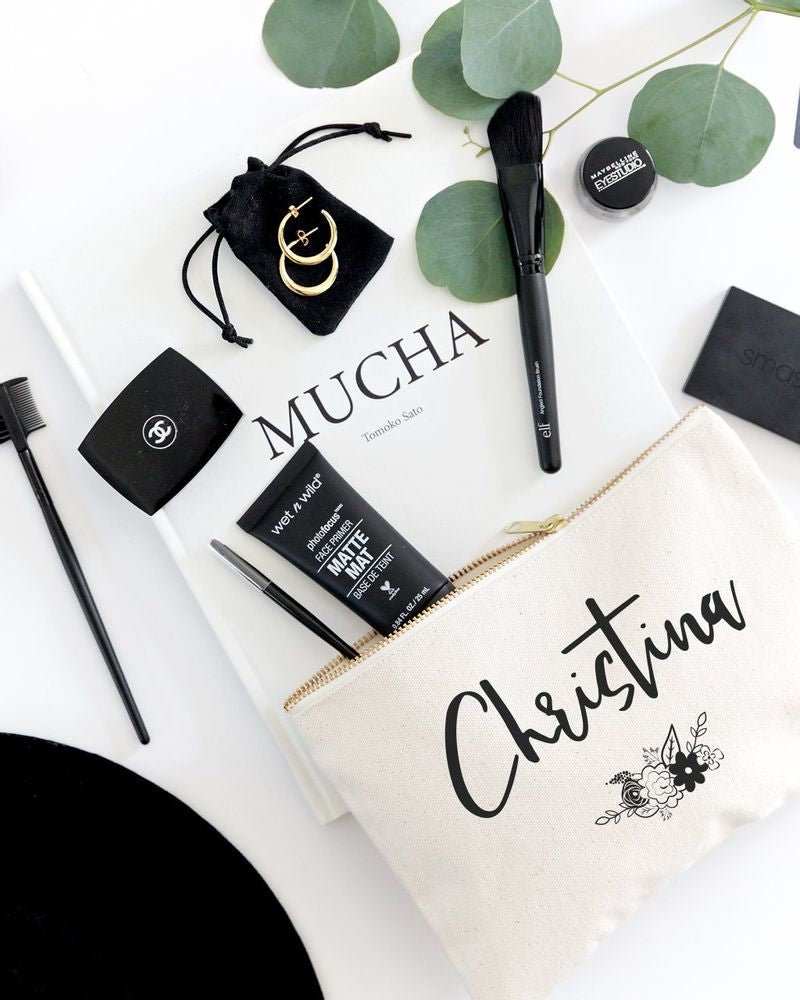 Personalized Name Black and White Floral Cosmetic Bag and Travel Make Up Pouch - Starttech Online Market