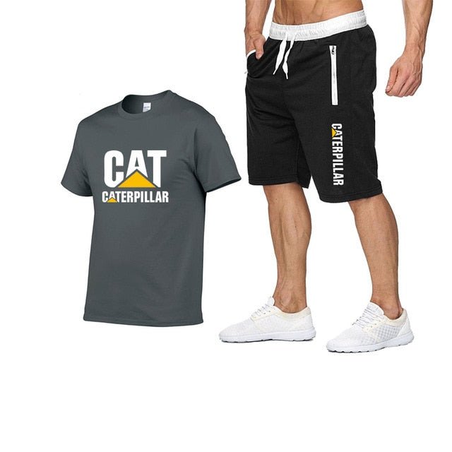 Printing Cat Caterpillar Logo Short-Sleeved Men's T-shirt + Pants Summer Fashion Men's Sports Suit - Starttech Online Market