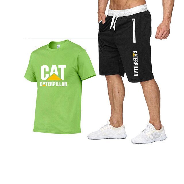 Printing Cat Caterpillar Logo Short-Sleeved Men's T-shirt + Pants Summer Fashion Men's Sports Suit - Starttech Online Market