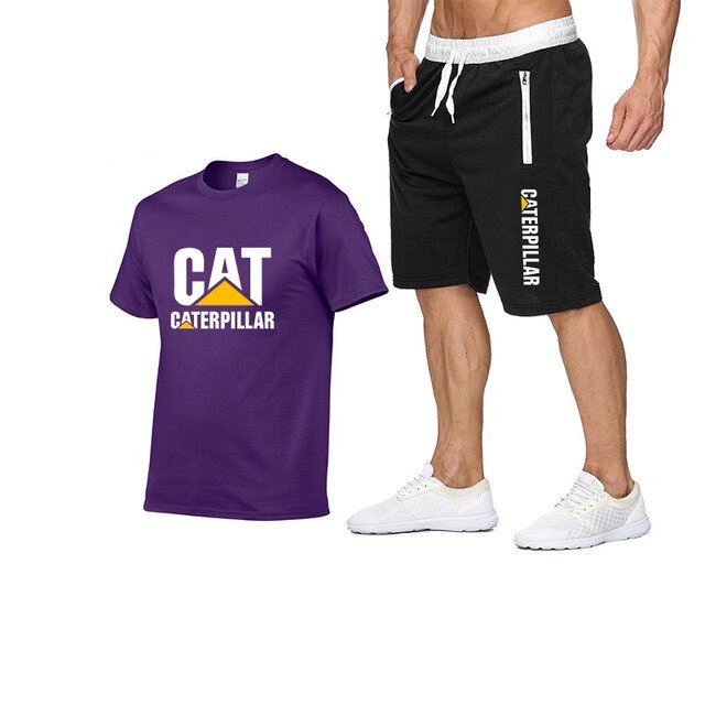 Printing Cat Caterpillar Logo Short-Sleeved Men's T-shirt + Pants Summer Fashion Men's Sports Suit - Starttech Online Market