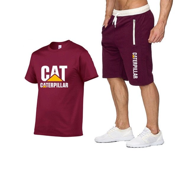 Printing Cat Caterpillar Logo Short-Sleeved Men's T-shirt + Pants Summer Fashion Men's Sports Suit - Starttech Online Market