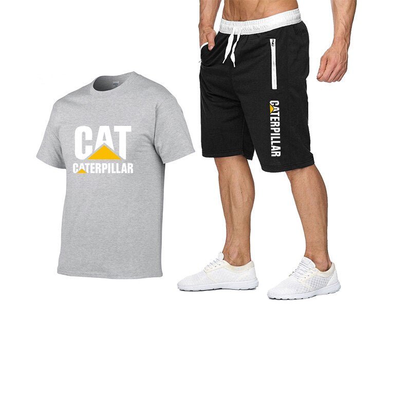 Printing Cat Caterpillar Logo Short-Sleeved Men's T-shirt + Pants Summer Fashion Men's Sports Suit - Starttech Online Market